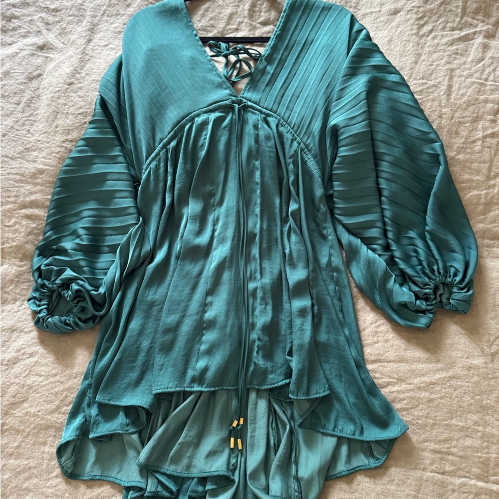 Free People Teal Pleated Balloon Sleeve Midi Dress
